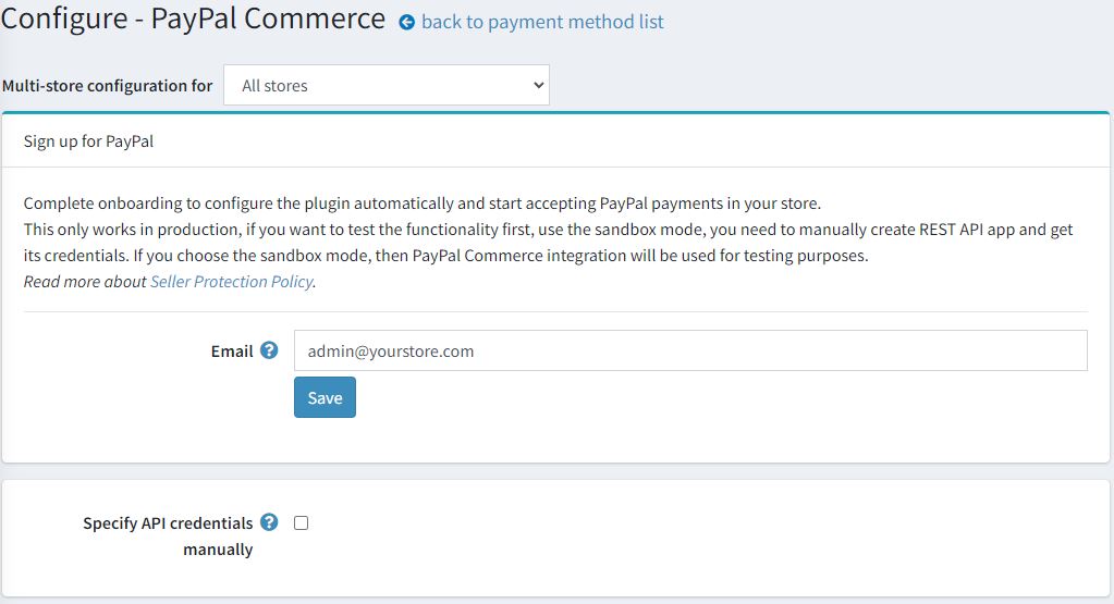 PayPal Commerce configuration page