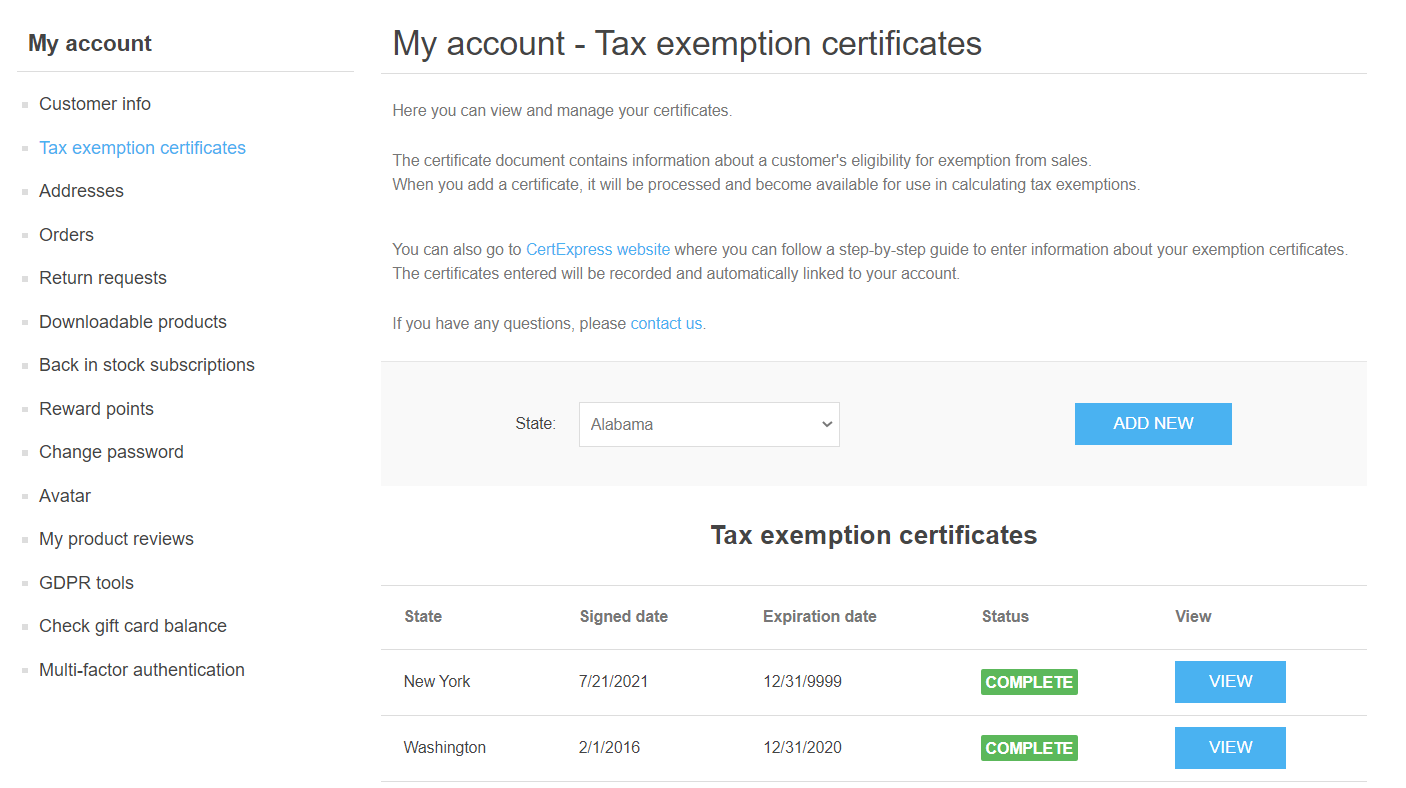 Tax exemption certificates
